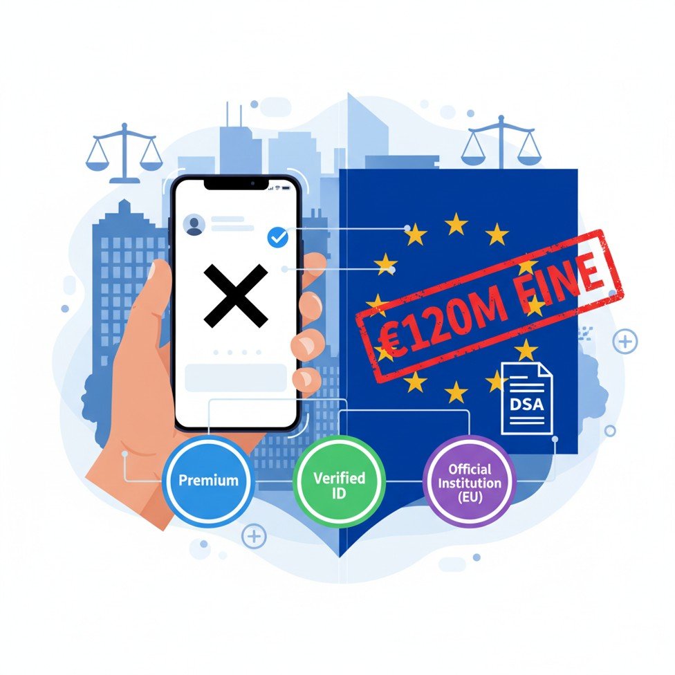 X Musk EU verification 120m fine 2026 — split screen of X logo with blue check badge on smartphone and EU flag with €120M DSA fine red stamp, showing three new EU verification badge tiers: Premium, Verified ID, and Official Institution