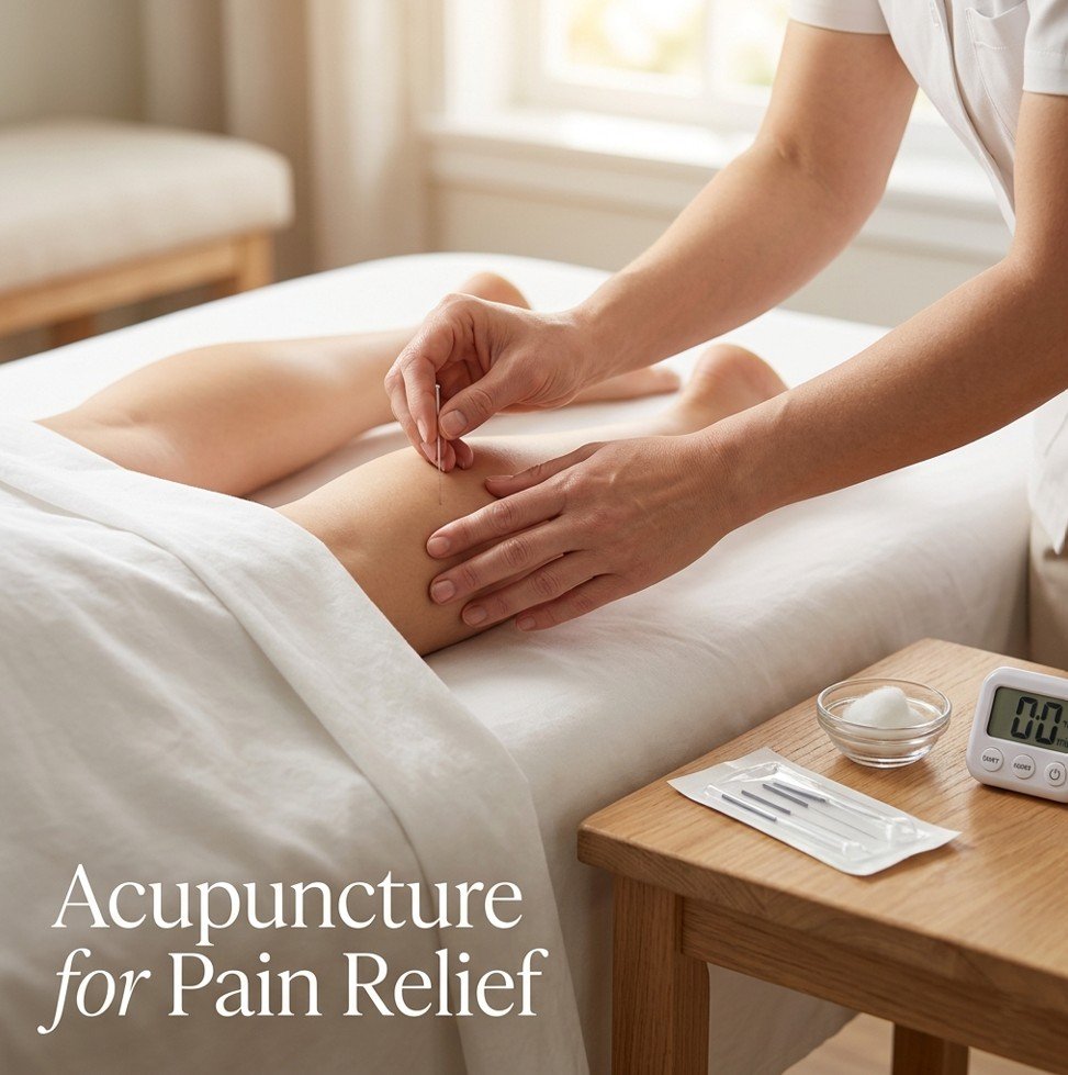 Sterile acupuncture needles, alcohol swab, and a practitioner's hands inserting a needle into a patient's leg — acupuncture for pain relief what science says.