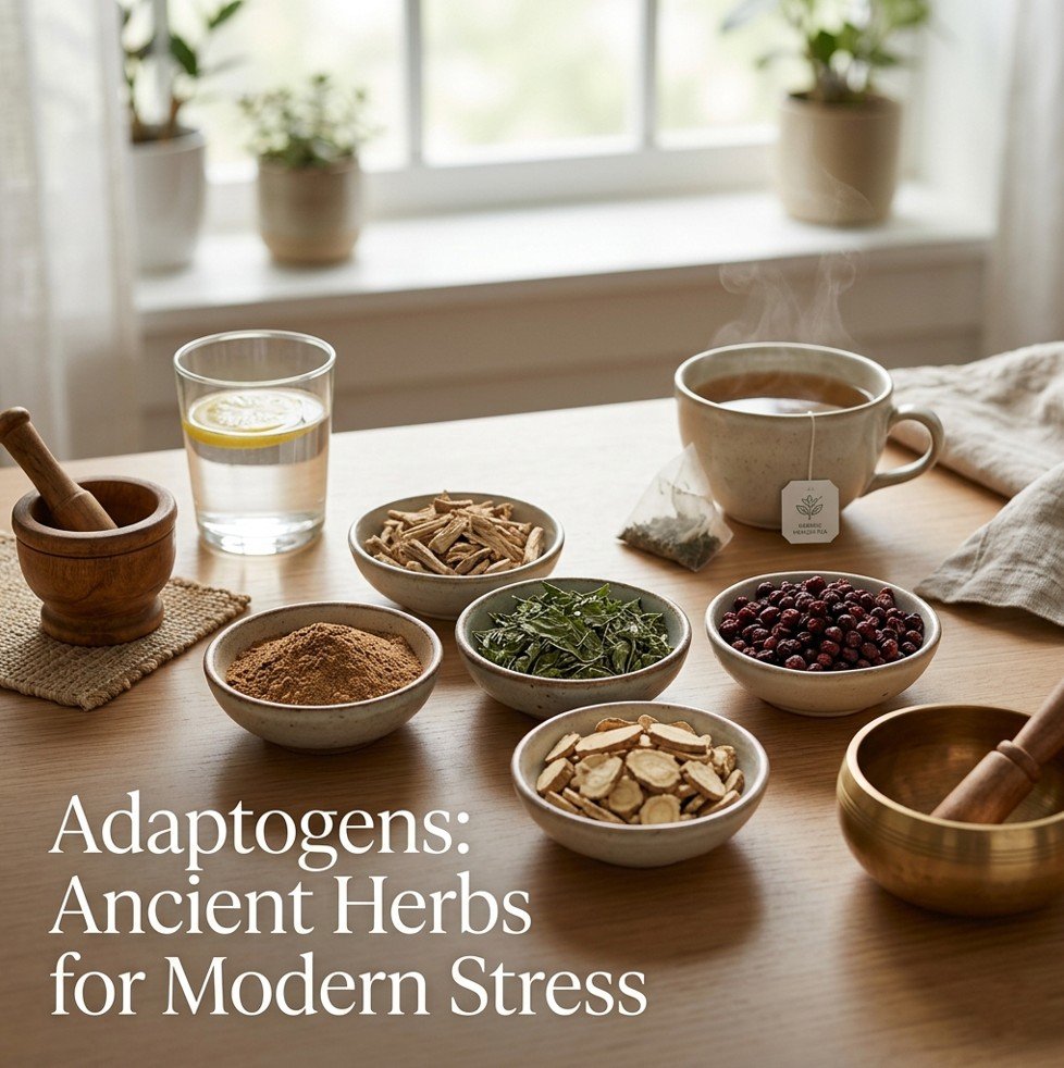 Five ceramic bowls with ashwagandha powder, rhodiola root, holy basil leaves, schisandra berries, and eleuthero slices on a wooden table — adaptogens ancient herbs for modern stress.