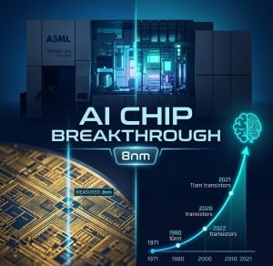 Split composition showing a silicon wafer with 8nm features and a Moore’s Law graph transforming into an AI brain, with the text “AI Chip Breakthrough” in bold typography.