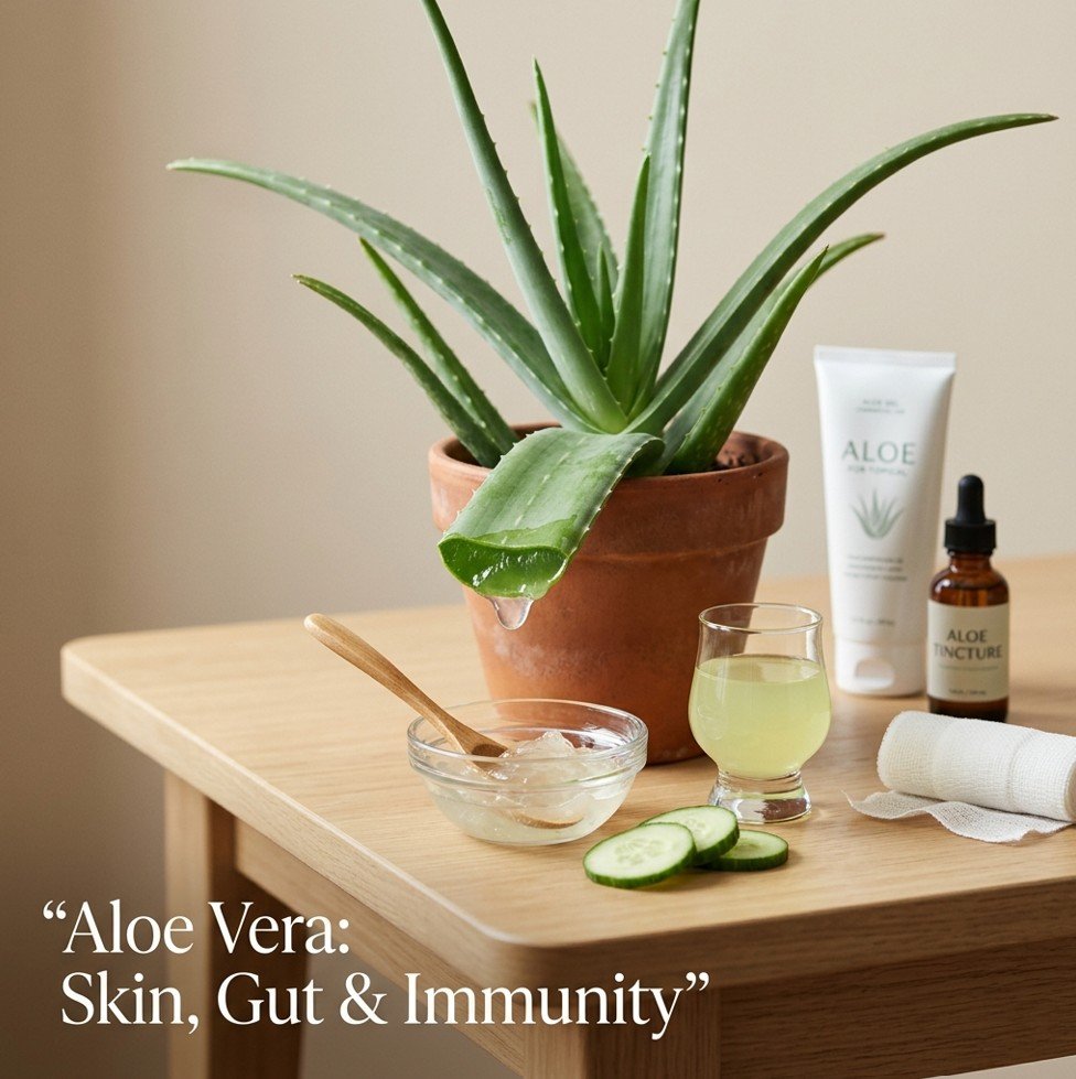Fresh aloe vera plant with cut leaf, bowl of gel, aloe juice, and topical cream on a wooden table — how to use aloe vera for skin, gut, and immunity.