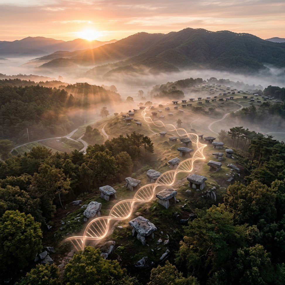 Aerial view of ancient Korean burial mounds with glowing DNA double helix symbolizing ancient Korean human sacrifice genetic evidence.