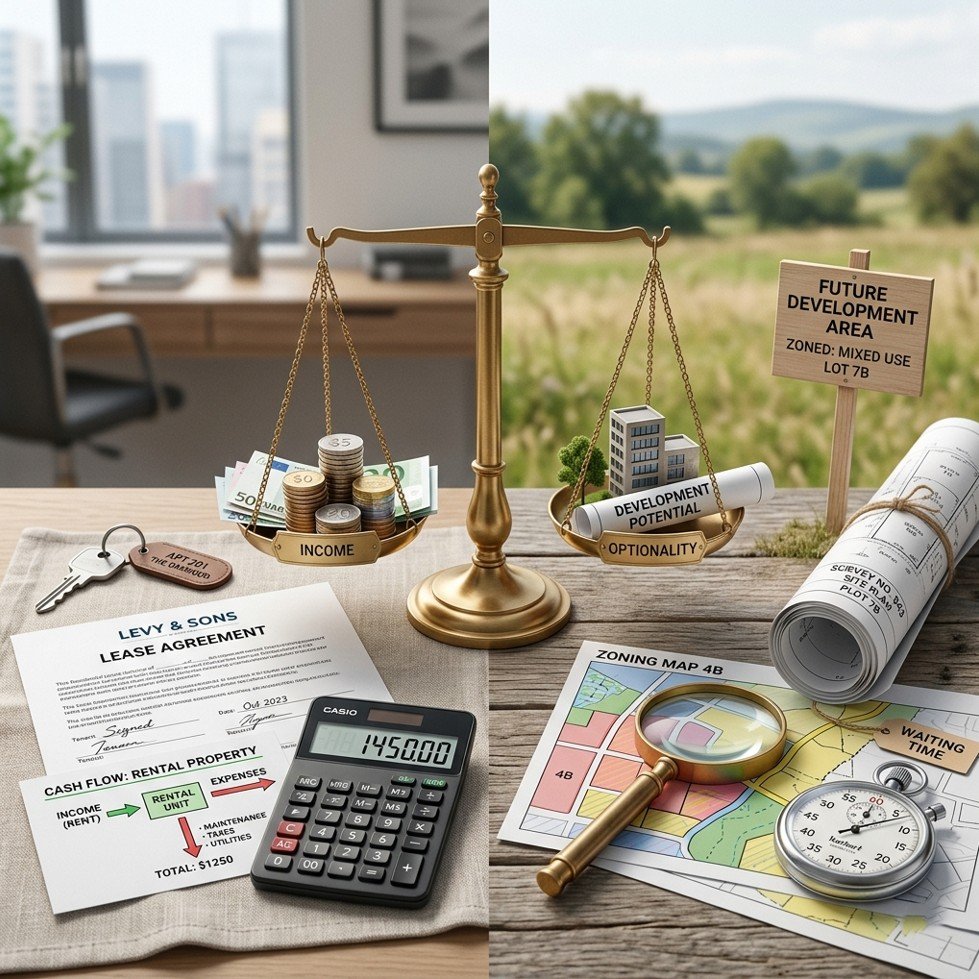 Split-screen apartment key and land survey map with balance scale illustrating apartment vs land investment decision