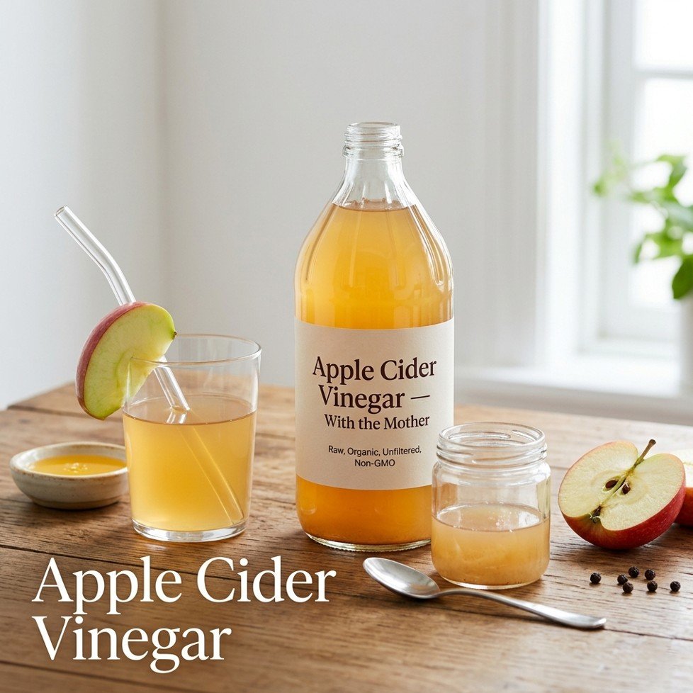 A glass bottle of raw apple cider vinegar with the mother, a glass of diluted ACV with a straw, honey, and an apple on a wooden table.