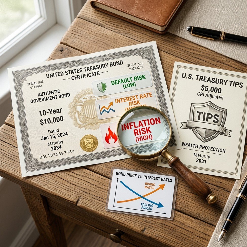 Government bond certificate with risk warning labels and TIPS shield