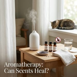 Amber bottles of lavender, peppermint, eucalyptus, and tea tree oils with a diffuser, dried lavender, and a cat in background with a warning symbol — aromatherapy can scents really affect your health.