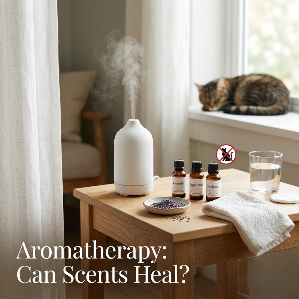 Amber bottles of lavender, peppermint, eucalyptus, and tea tree oils with a diffuser, dried lavender, and a cat in background with a warning symbol — aromatherapy can scents really affect your health.