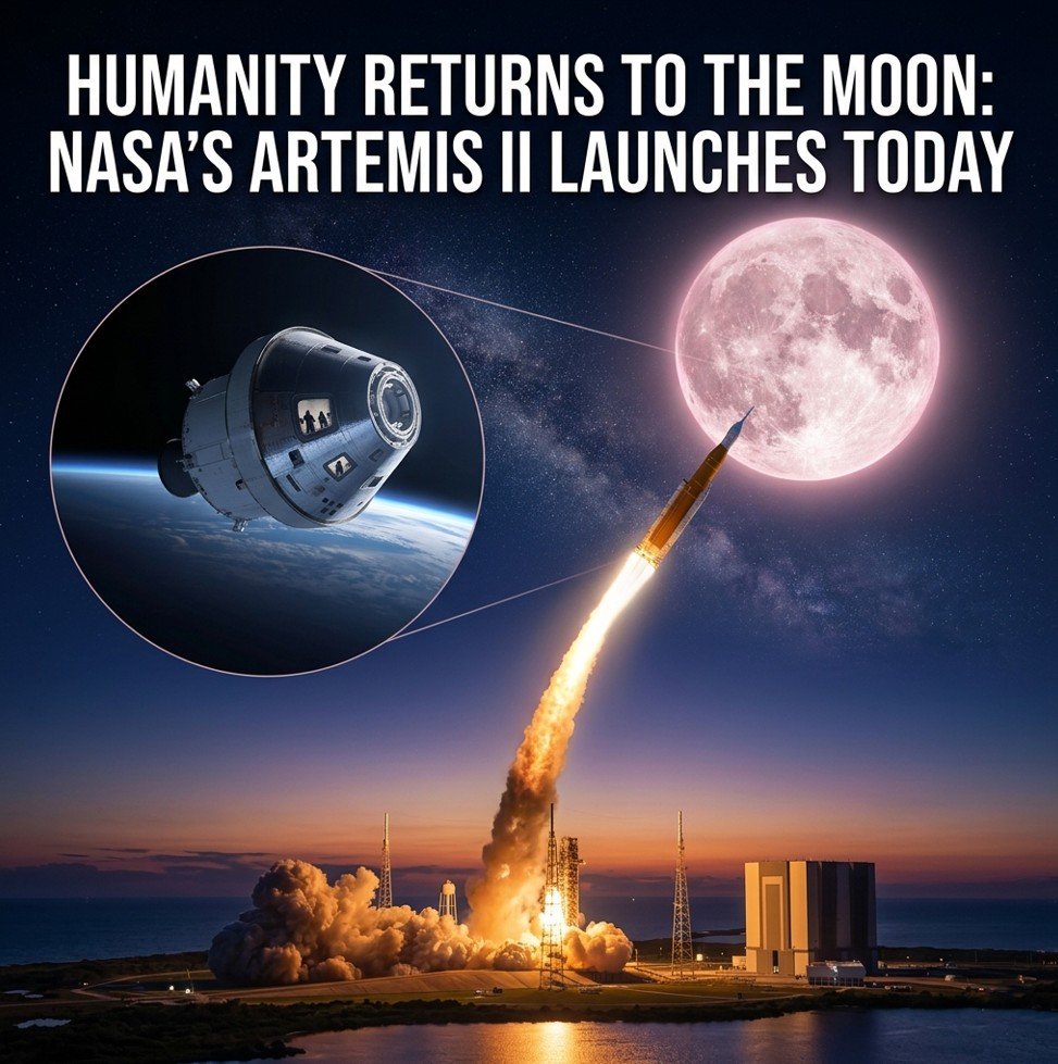 NASA Artemis II crewed Moon mission launch April 2026 — SLS rocket and Pink Moon editorial illustration