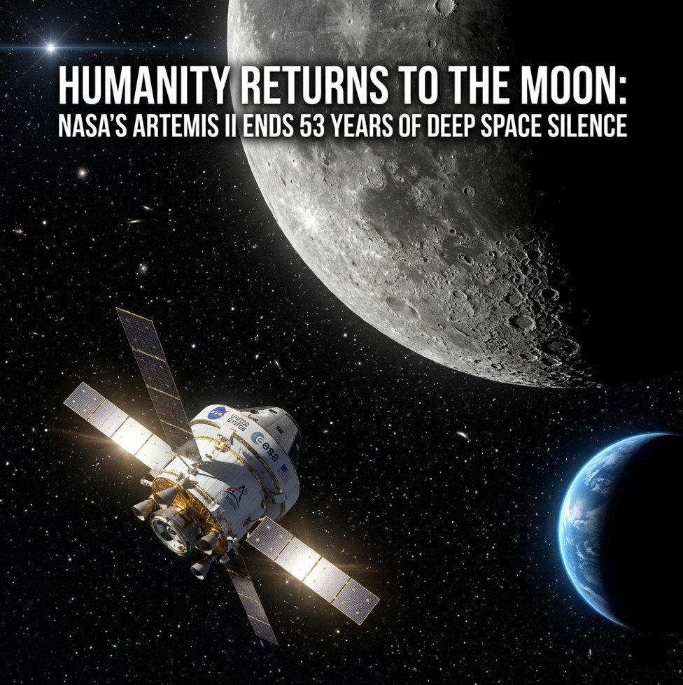 Artemis II moon mission 2026 — NASA Orion spacecraft orbiting the Moon with four astronauts aboard