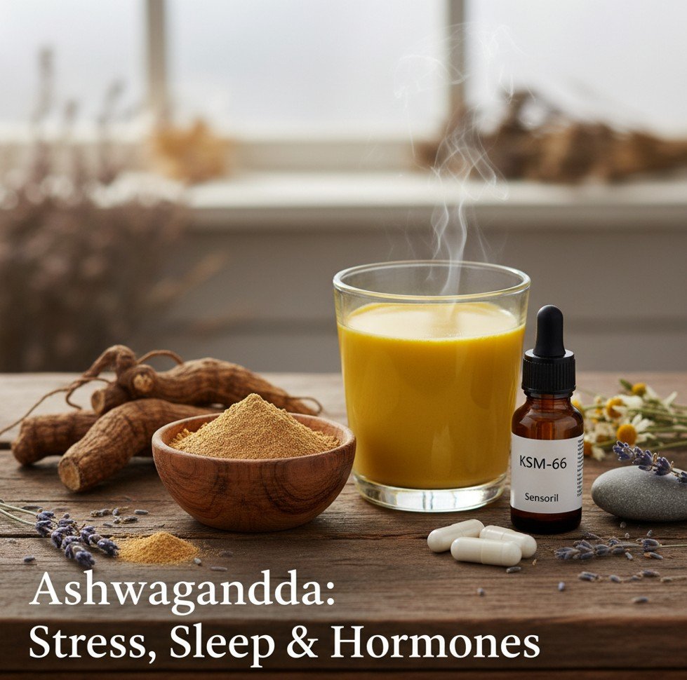 Dried ashwagandha roots, powder, golden milk, and standardized extract capsules on a wooden table — ashwagandha benefits for stress, sleep, and hormones.