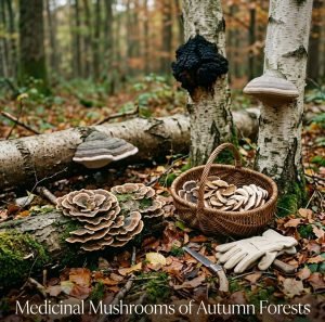 Turkey tail, birch polypore, chaga, and artist’s conk on tree trunks in an autumn forest with a basket of dried slices