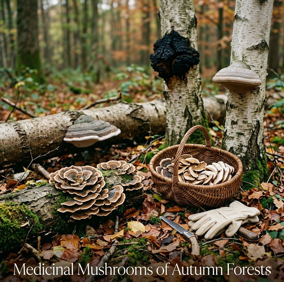 Turkey tail, birch polypore, chaga, and artist’s conk on tree trunks in an autumn forest with a basket of dried slices