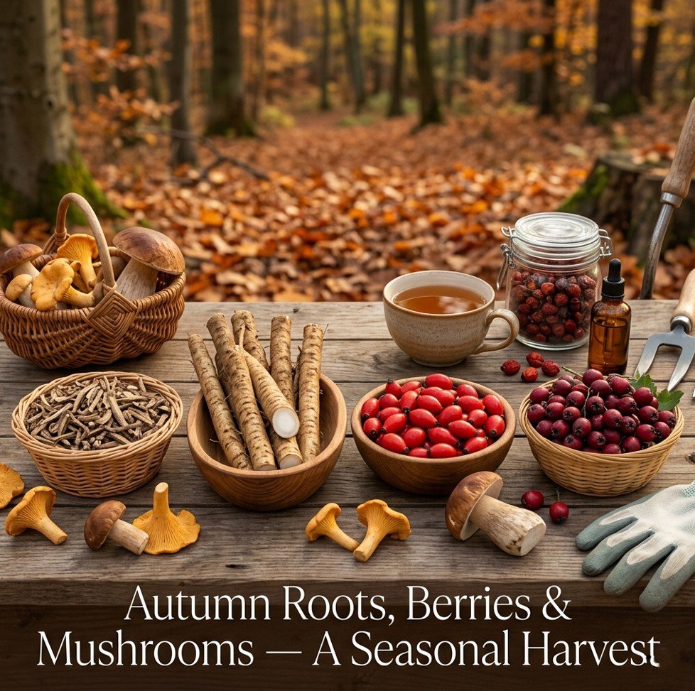 Autumn medicinal plants: valerian root, burdock root, rosehips, and hawthorn berries on a wooden table