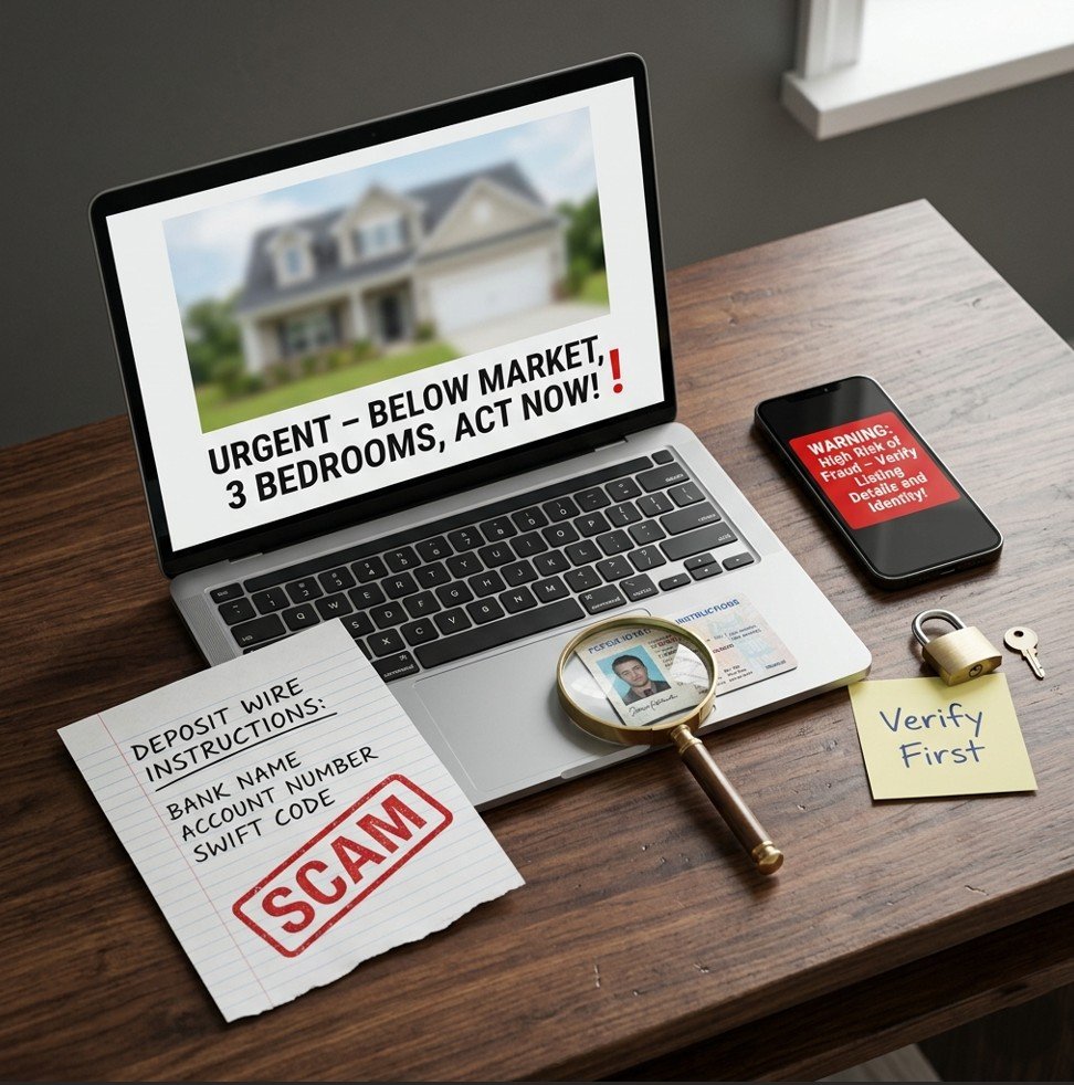 Laptop with suspicious listing, wire instructions with scam stamp, and verification tools illustrating how to avoid real estate scams