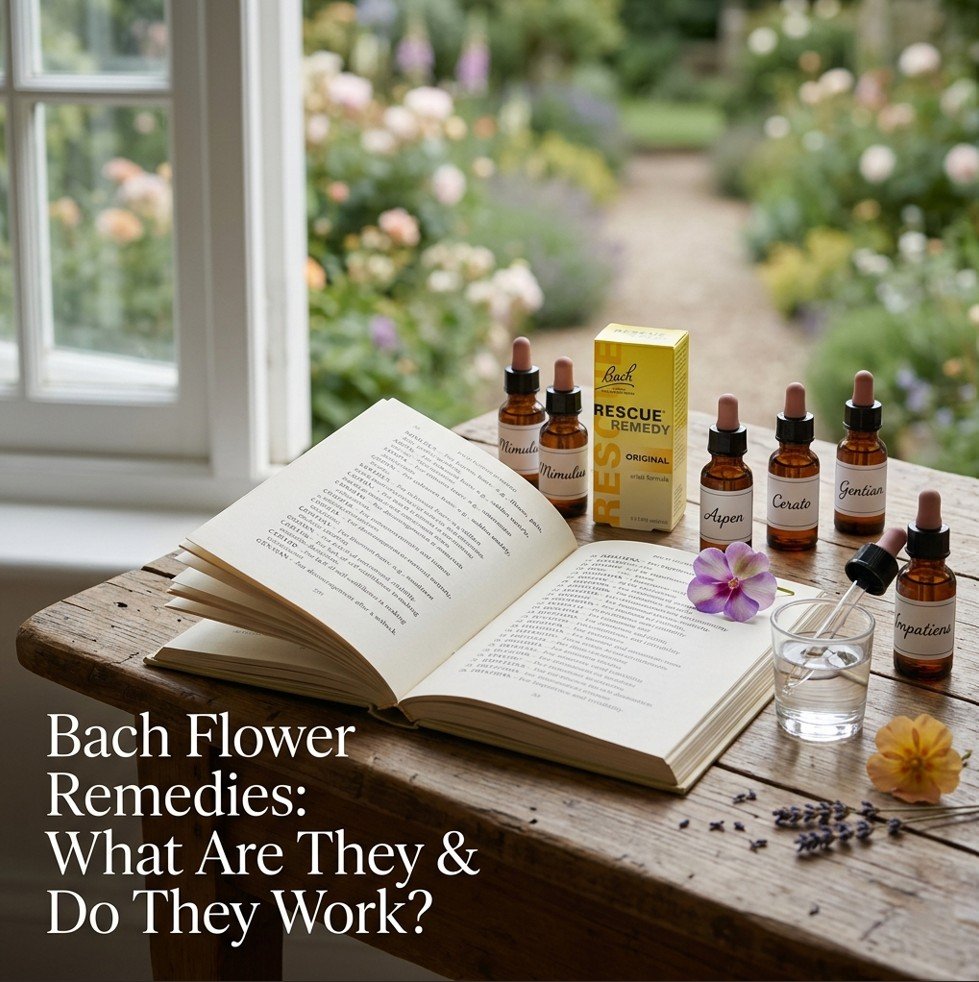 Open book listing 38 Bach flower remedies, amber glass dropper bottles of Rescue Remedy and individual remedies, glass of water, and a flower on a wooden table — bach flower remedies what are they do they work.