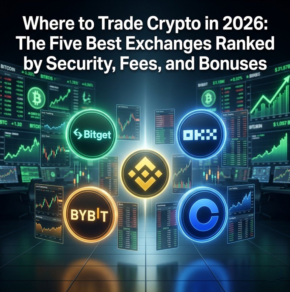 Best crypto exchanges 2026 — Bitget OKX Binance Bybit Coinbase ranked by security fees and bonuses editorial illustration