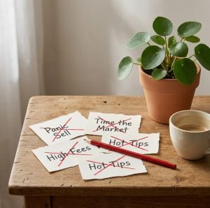 Papers with investing mistakes crossed out, illustrating beginner investing mistakes