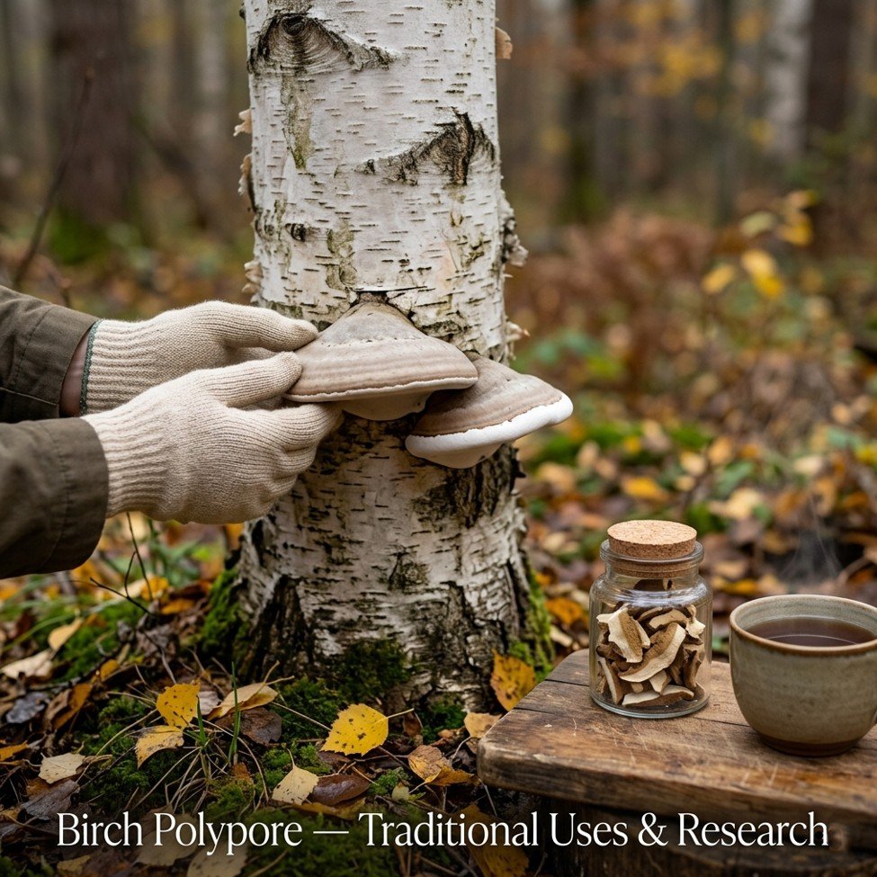 Birch polypore mushroom growing on a white birch tree trunk in autumn forest, with dried slices and tea