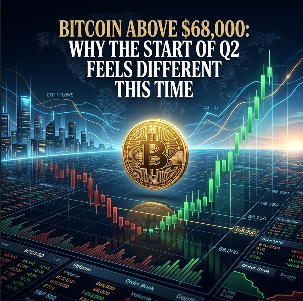 Bitcoin Q2 outlook chart with BTC rebounding above $68,000 at the start of April 2026