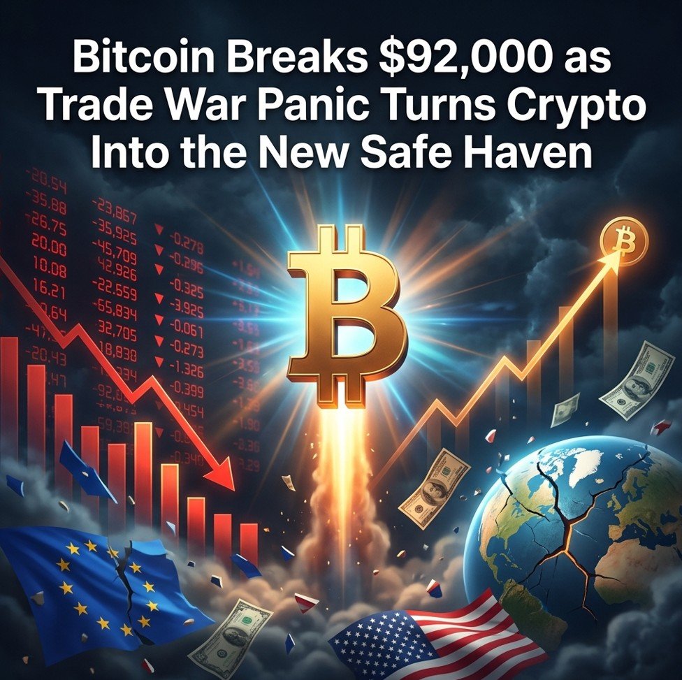 Bitcoin surges to $92,000 as global trade war safe haven asset — April 2026 editorial illustration