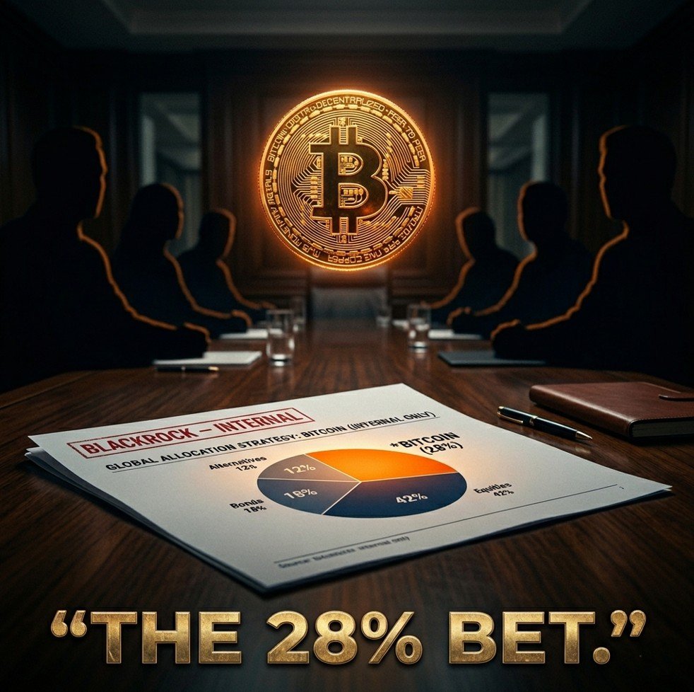 Bitcoin coin, BlackRock confidential document, 28% pie chart, Bitcoin institutional pivot