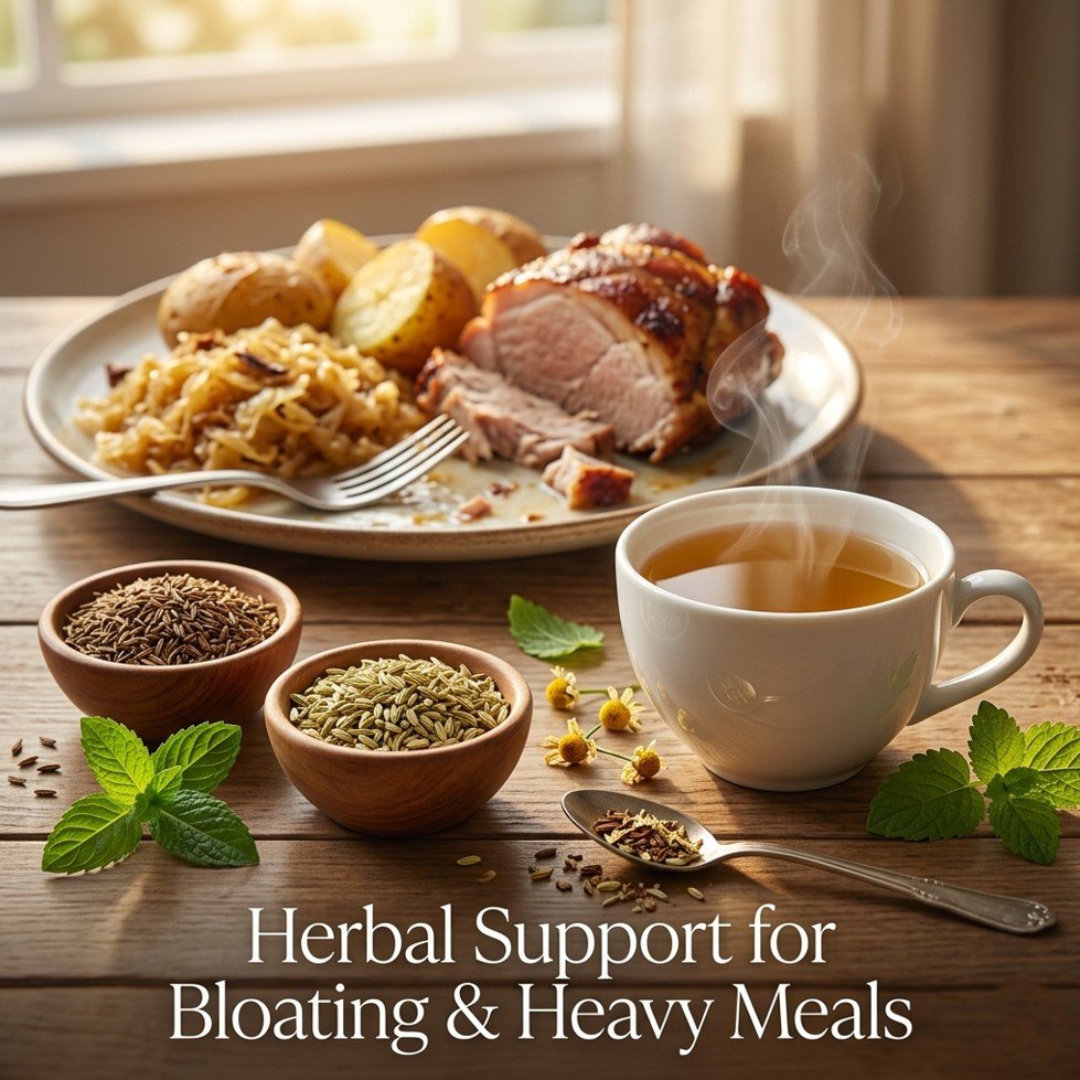 Caraway seeds, fennel seeds, peppermint, chamomile, and lemon balm for bloating relief after heavy meals