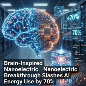 Brain-inspired nanoelectric breakthrough showing neural connections morphing into circuit board traces, highlighting 70% AI energy reduction