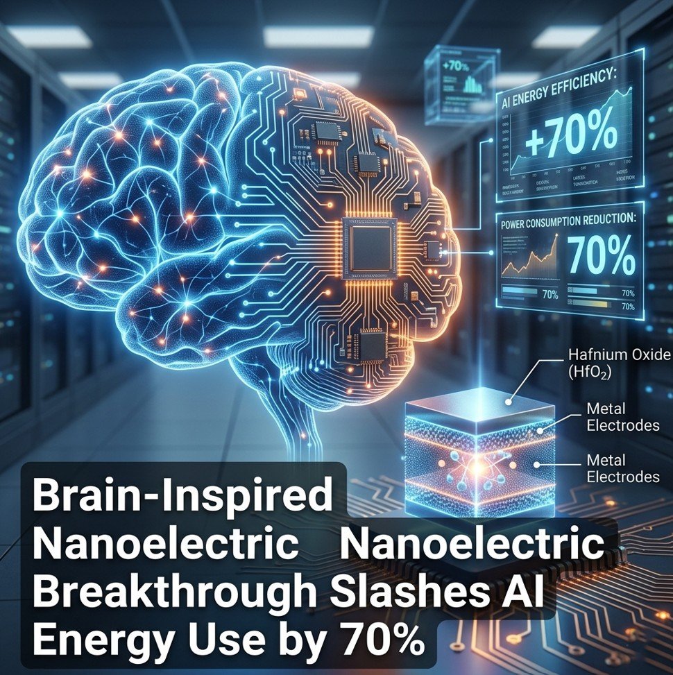 Brain-inspired nanoelectric breakthrough showing neural connections morphing into circuit board traces, highlighting 70% AI energy reduction