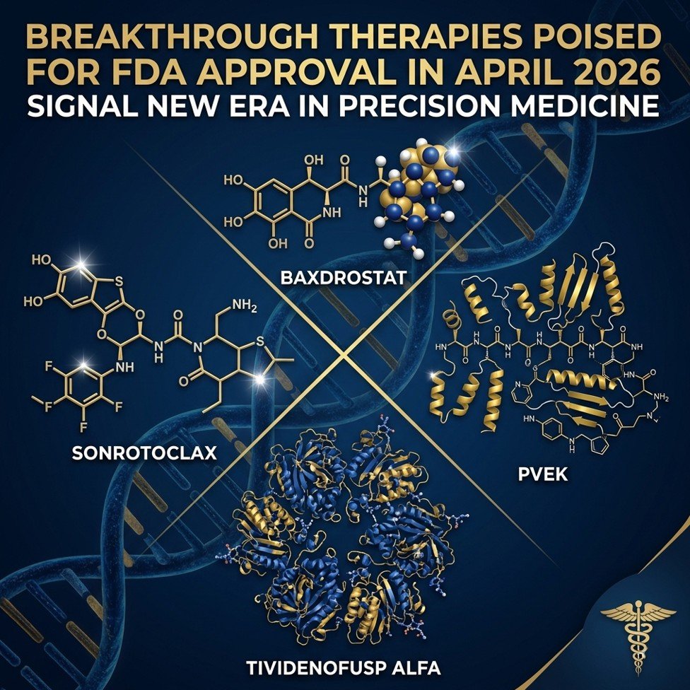 Medical illustration showing molecular structures of breakthrough therapies awaiting April 2026 FDA approval with article title integrated