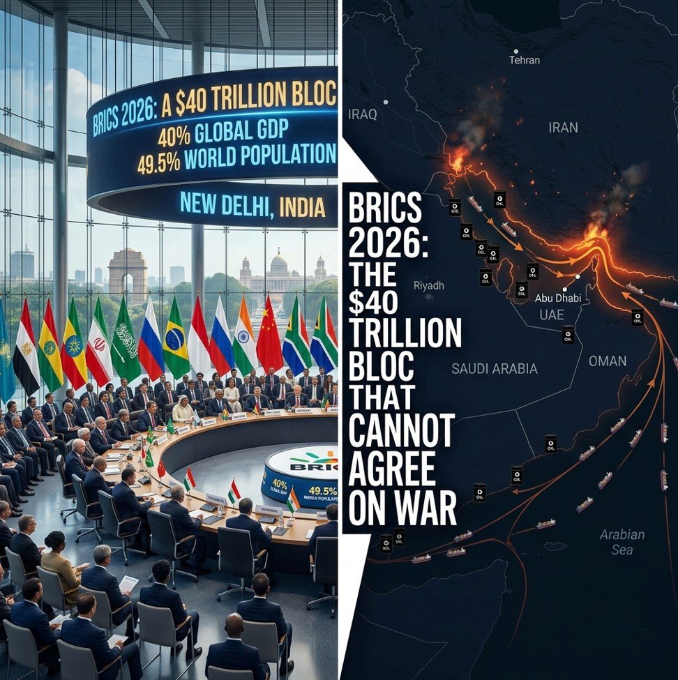 BRICS global power shift – split-screen composition showing New Delhi conference hall and Strait of Hormuz mapv