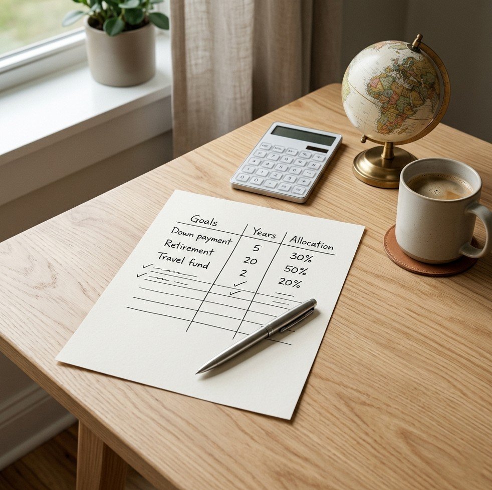 Desk with handwritten investment plan paper, illustrating how to build an investment plan