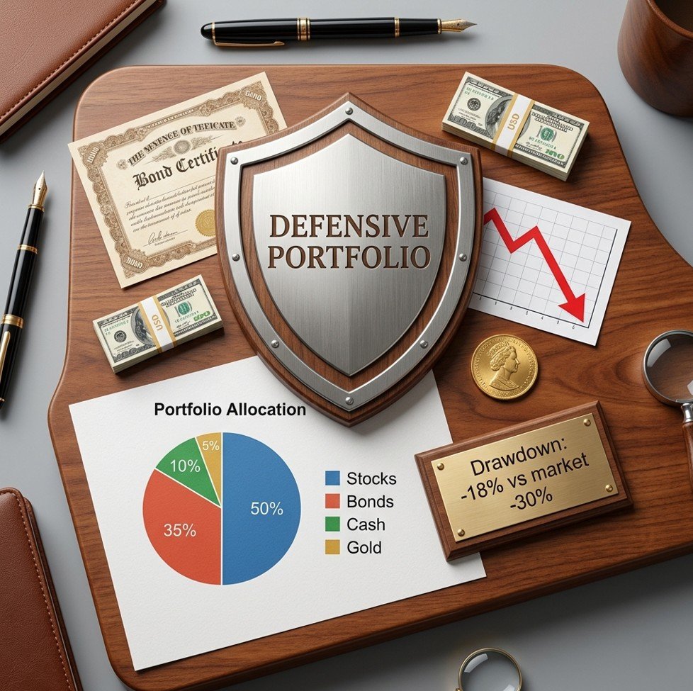 Shield, pie chart, and allocation icons illustrating how to build a defensive investment portfolio