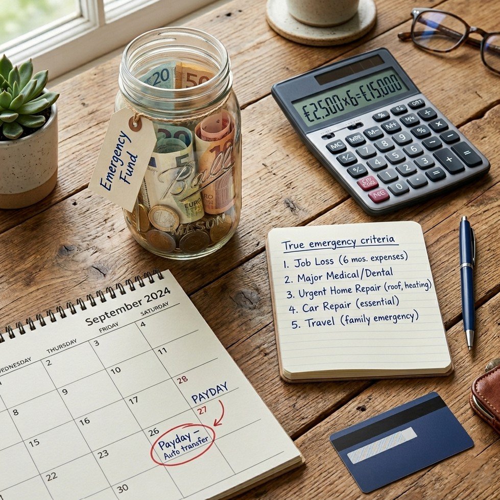 Glass jar, calendar, calculator showing emergency fund calculation