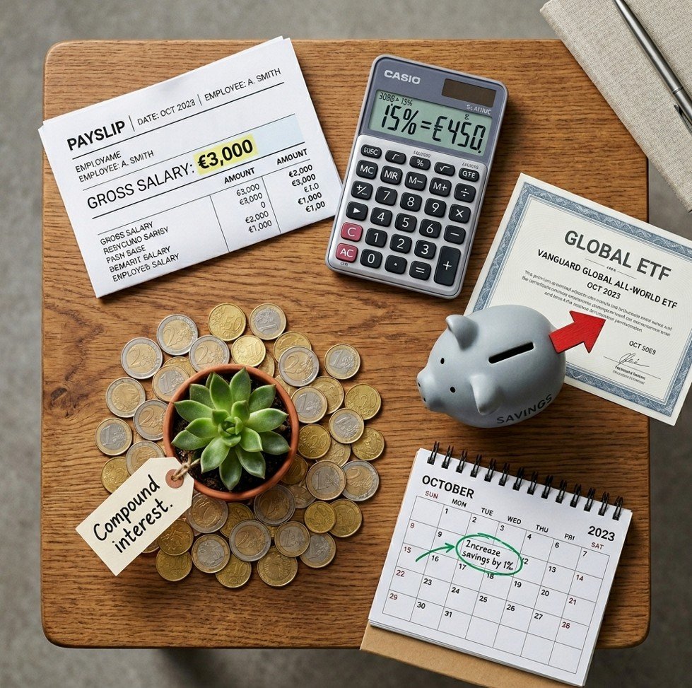 Payslip, calculator, plant, piggy bank illustrating how to build wealth on an average income