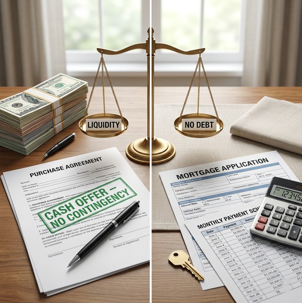 Split-screen cash stack and mortgage documents illustrating buying property with cash vs financing