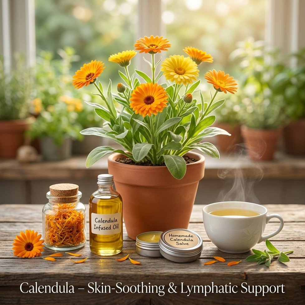 Calendula plant, dried petals, infused oil, ointment, and tea for skin-soothing uses