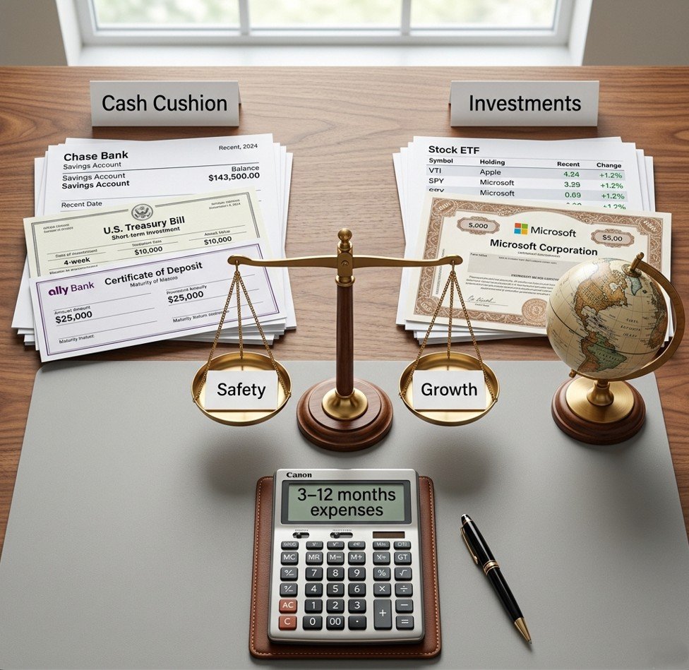 Balance scale with cash cushion and investments piles