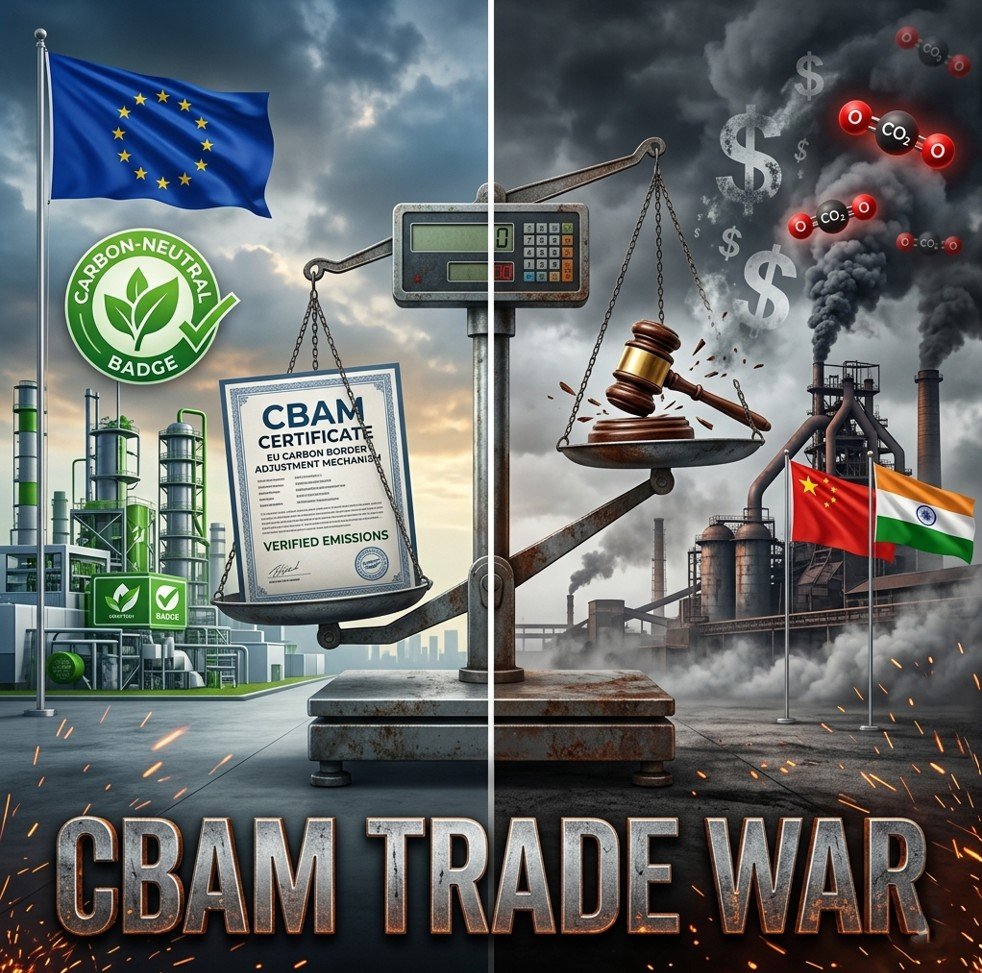 Split illustration of EU vs China/India with a tilted scale and CBAM certificates, symbolising the CBAM trade war.