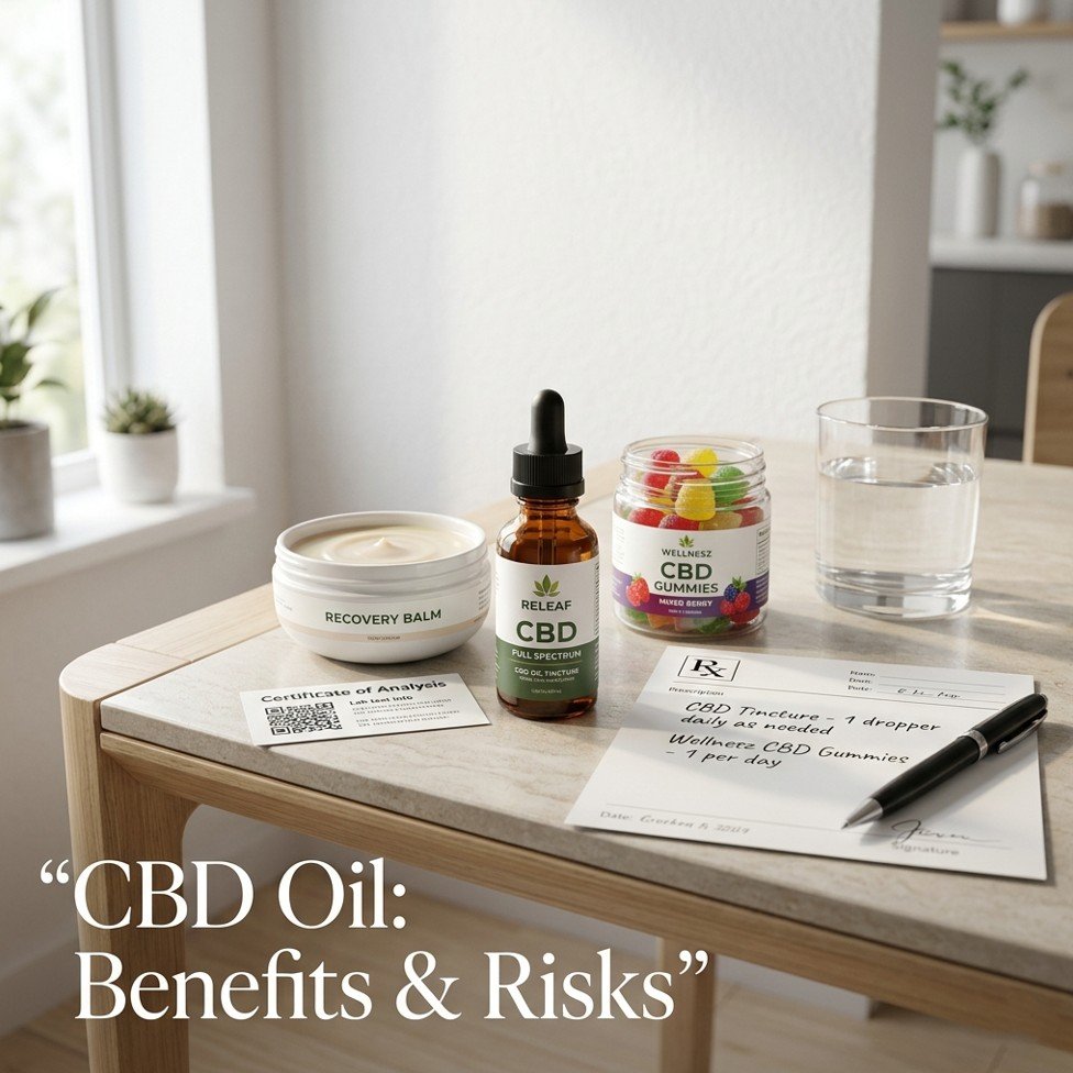 Amber glass bottle of CBD oil tincture, CBD gummies, CBD salve, and a doctor’s prescription pad on a white table — CBD oil benefits risks what doctors think.