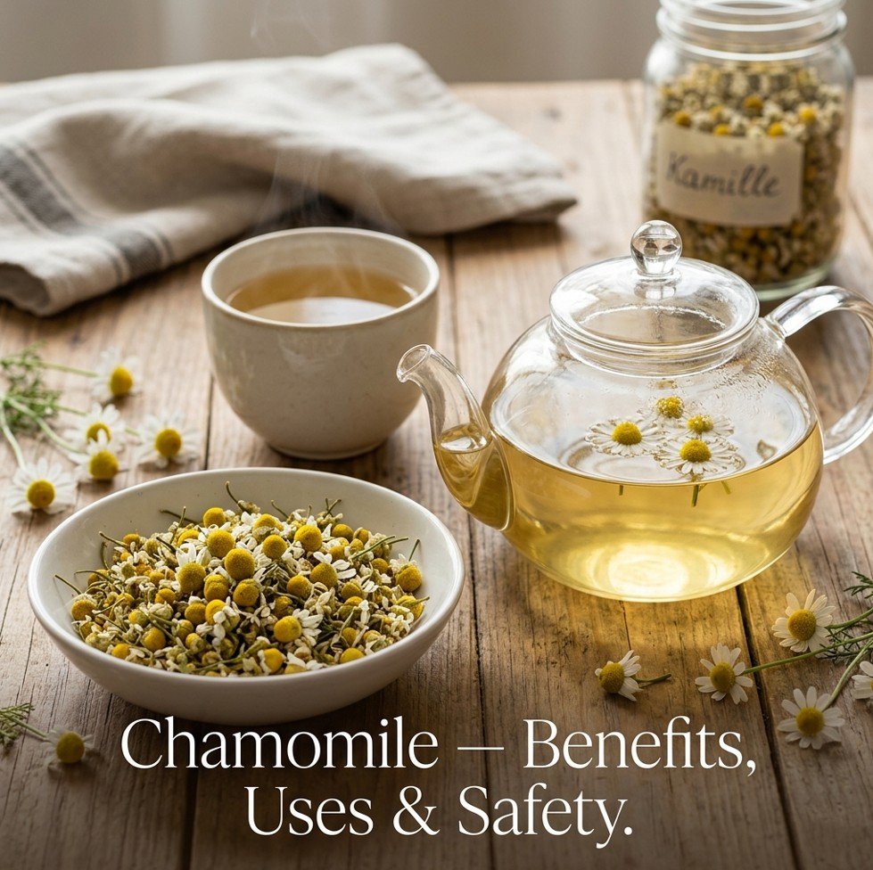 Dried German chamomile flowers and a cup of chamomile tea on a wooden table, showcasing chamomile tea benefits