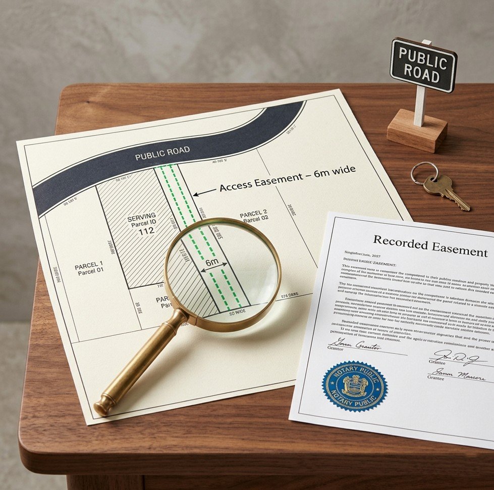 Survey map and recorded easement document illustrating how to check access rights to a property