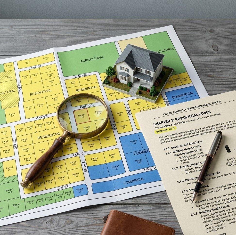 Zoning map and code document illustrating how to check zoning and development restrictions
