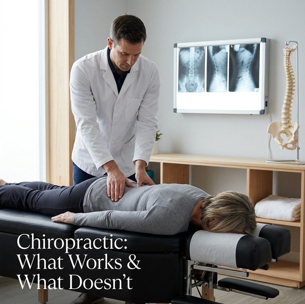 Chiropractor adjusting a patient’s lower back on a treatment table with a spine model and X-ray box in background — chiropractic care what works and what doesn't.