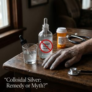 Glass bottle of silvery-gray colloidal silver, dropper, hand with blue-gray argyria discoloration, and antibiotics on a dark table — colloidal silver alternative remedy dangerous myth.