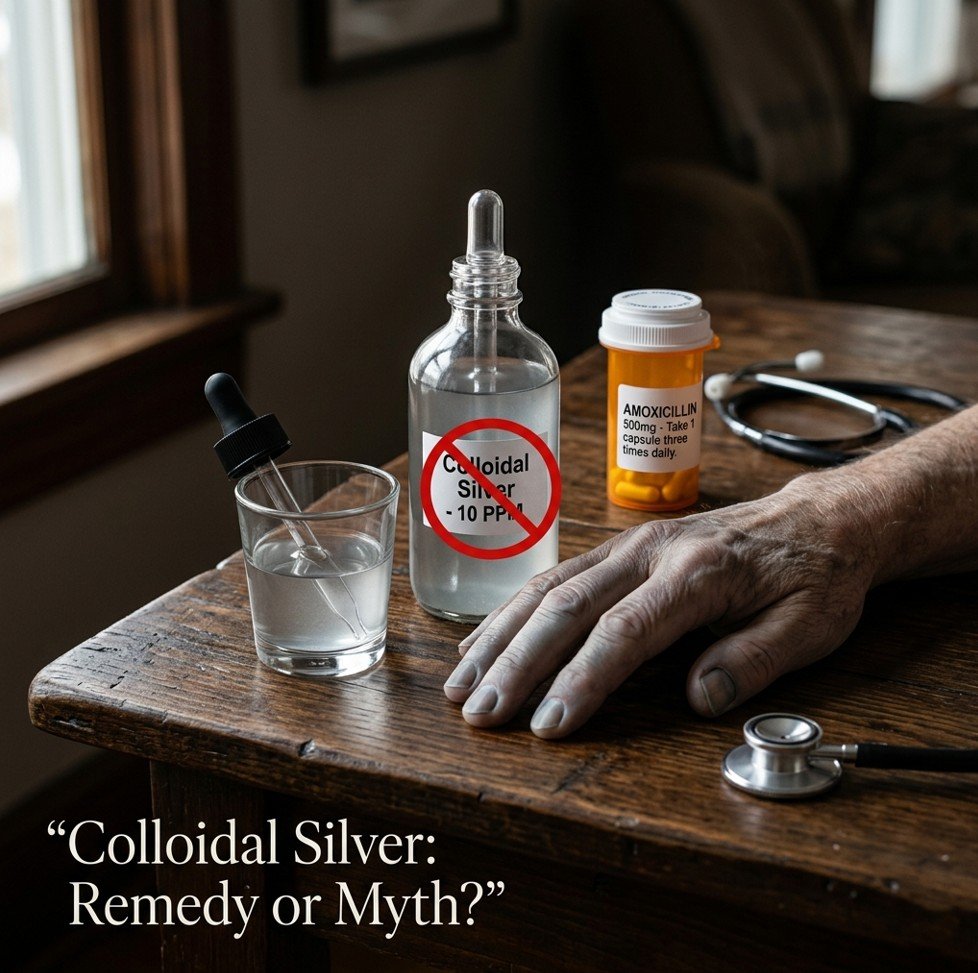 Glass bottle of silvery-gray colloidal silver, dropper, hand with blue-gray argyria discoloration, and antibiotics on a dark table — colloidal silver alternative remedy dangerous myth.