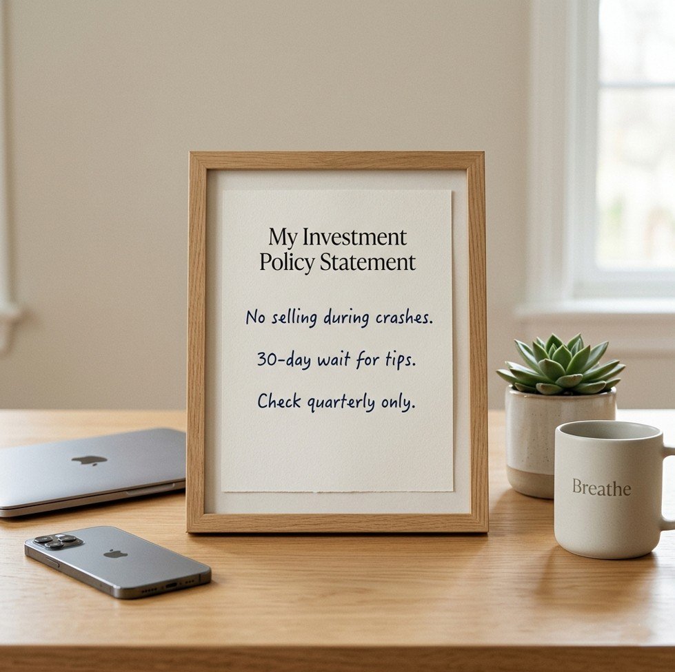 Desk with Investment Policy Statement and phone facedown, illustrating how to control emotions when investing