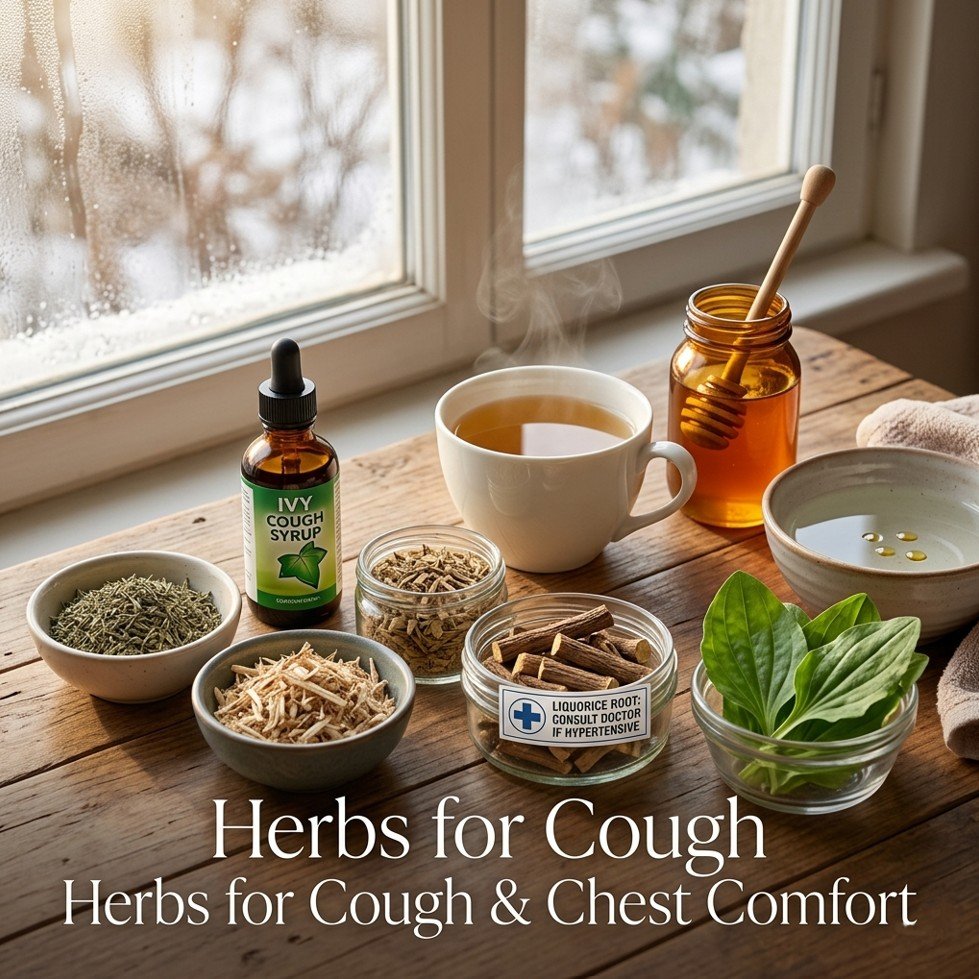 Thyme, ivy leaf syrup, marshmallow root, liquorice root, and plantain for cough relief