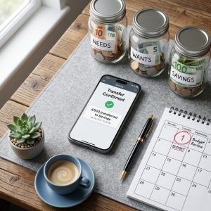 Smartphone with automatic transfer, calendar, labelled jars illustrating how to create a household budget that works