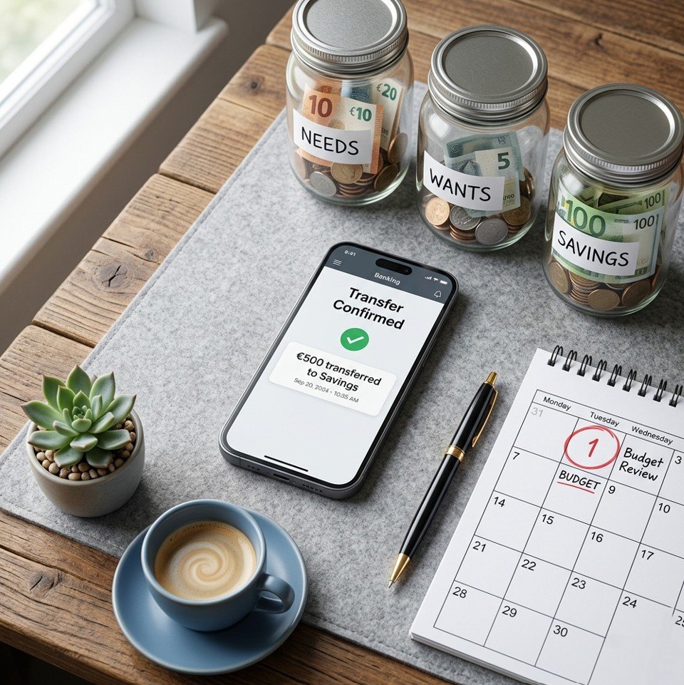 Smartphone with automatic transfer, calendar, labelled jars illustrating how to create a household budget that works