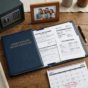 Folder with legal documents, family photo, and calendar illustrating how to create a family wealth protection plan